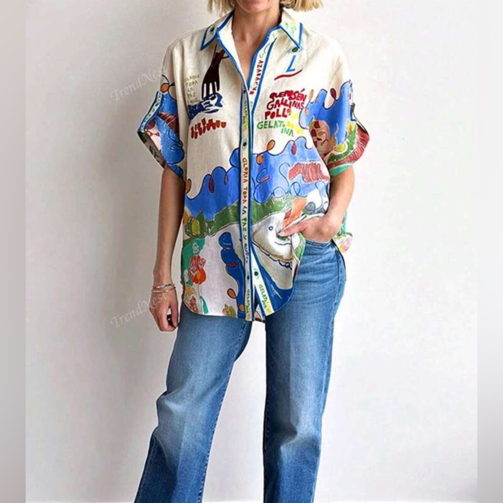 Linen Graffiti Shirt, Single-Breasted Multi-Button - Picture 3 of 4